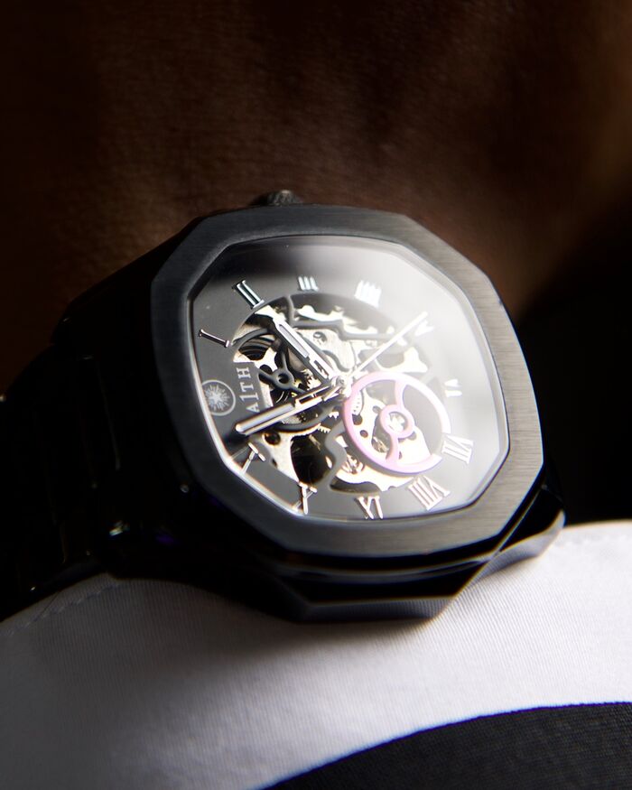 The 1 in Black PVD, skeleton dial, on the wrist